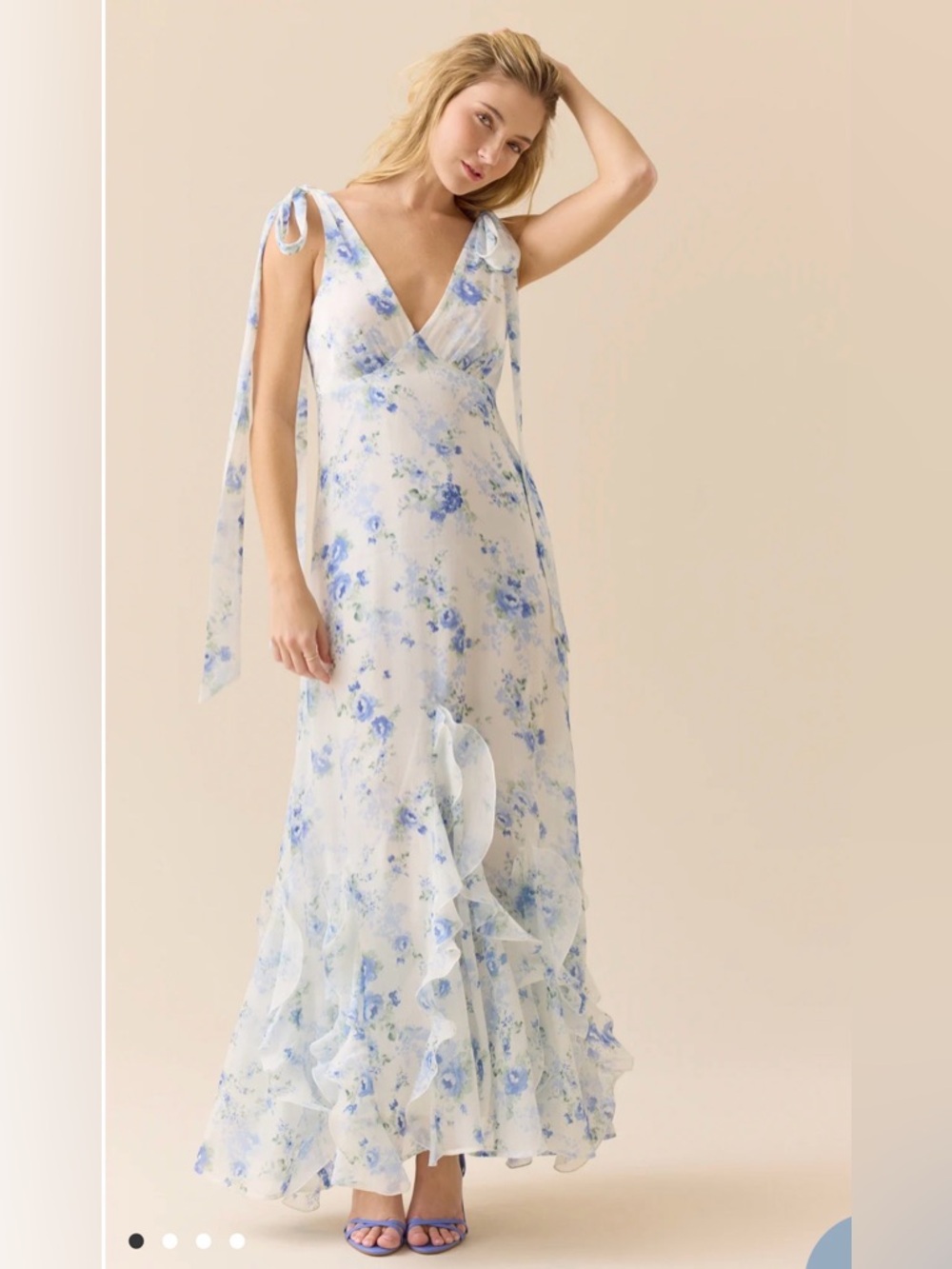 Altar'd State Ivory and Blue Floral Ruffle Maxi Dress